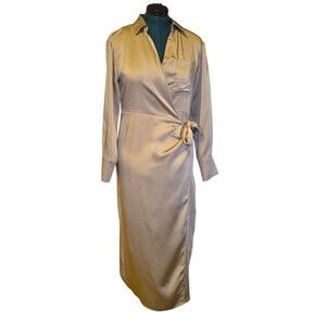 JASON WU SATIN LIGHT TAUPE WRAP TIE LONG SLEEVE CAREEE MIDI DRESS SIZE L $375